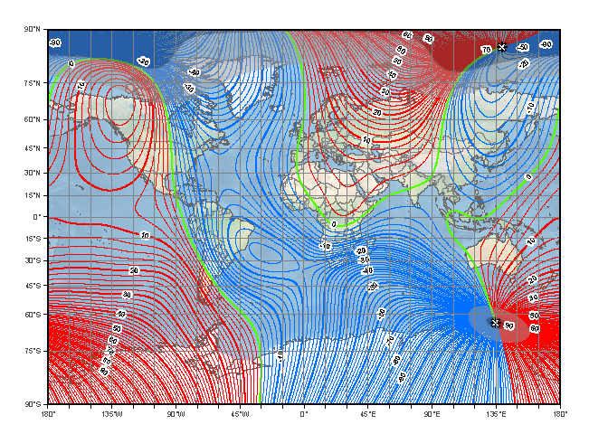 Declination contour map in miller projection